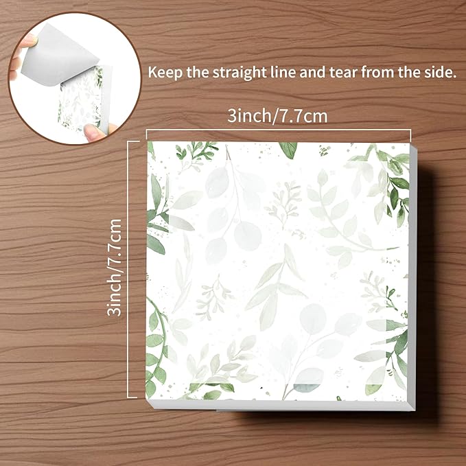 Sticky Notes, 2 Pads, 3x3 inches, Cute Colorful Fun Self-Stick Note Pads, Easy Post, Strong Adhesive Notepad Green Leafy Pattern