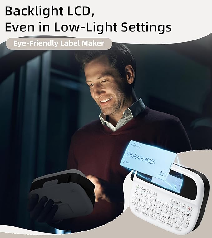 M950 Label Maker Machine with 4 Tapes, Rechargeable Backlit Labeler, Inkless Bluetooth Labeling Machine, Handheld Label Printer Bundle for Home Kitchen Food Labels