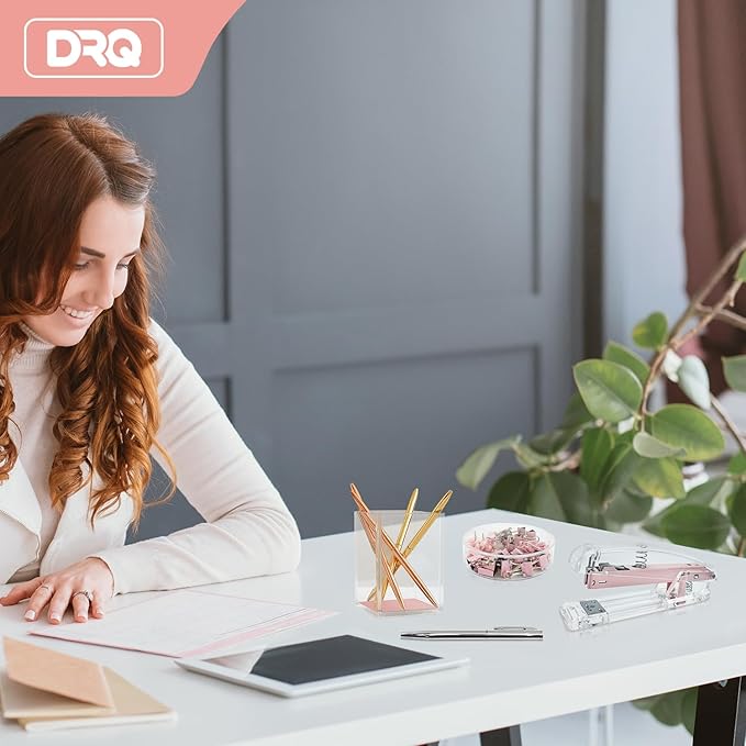 DRQ Pink Desk Organizers and Accessories Office Supplies, 10Pcs Set for Office with Stapler, Tape Dispenser, Pens, Pen Holder, Phone Holder, Tape, Ruler, 1 Box Staple, Scissors and 1 Box of Clip