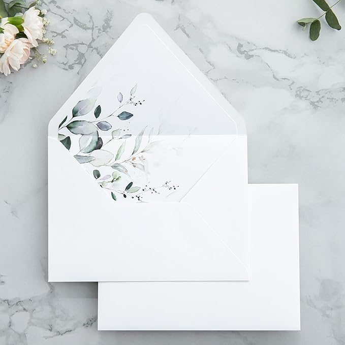 PONATIA 50PCS A7 Euro Flap Envelopes, 5.25 x 7.25'' Liner Envelope For 5x7'' Weddings Invitation Cards, Christmas Gift Cards, Acrylic Invitations, Photos (White & Sage Green Leaves)