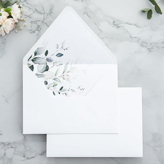 PONATIA 50PCS A7 Euro Flap Envelopes, 5.25 x 7.25'' Liner Envelope For 5x7'' Weddings Invitation Cards, Christmas Gift Cards, Acrylic Invitations, Photos (White & Sage Green Leaves)
