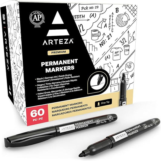ARTEZA Permanent Markers Black, Bulk Set of 60, Fine Tip, Waterproof