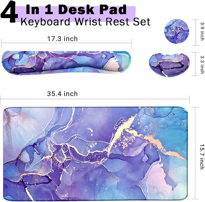 Large Mouse Pad and Keyboard Wrist Rest, Desk Pad for Keyboard and Mouse, 4-in-1 Large Gaming Mouse Pad with Wrist Support - Purple Marble