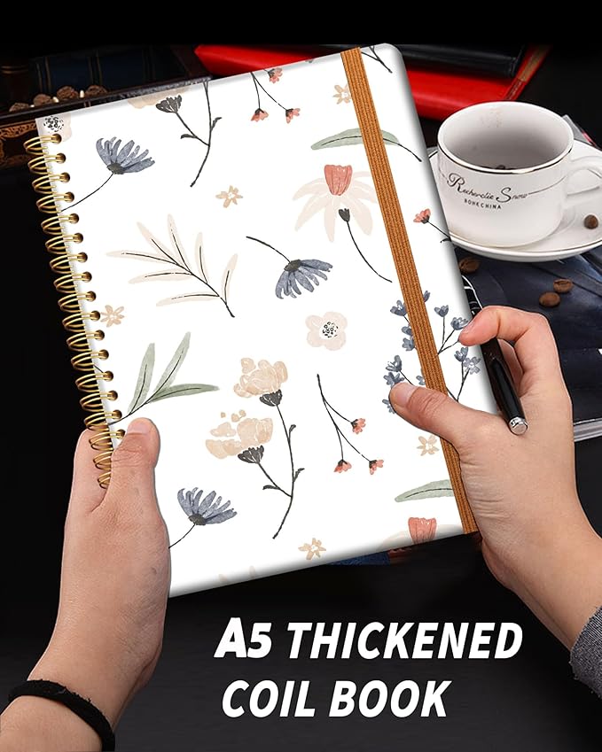 Ruled Spiral Writing Notebook,A5 Hardcover Lined College Journal for Women,Strong Twin-Wire Binding with Premium Paper,8.4" X 6",Perfect for School,Office,Home(Graceful Watercolor Flower)