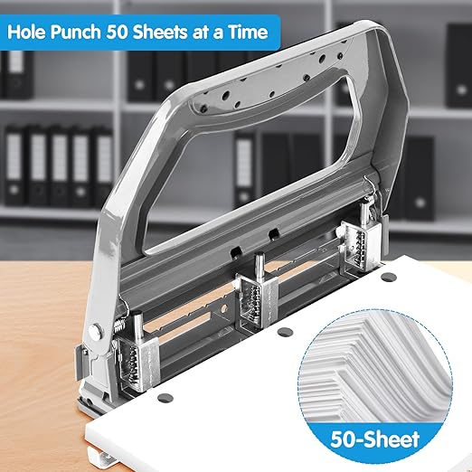 AFMAT HP18 Heavy Duty 3 Hole Punch, 50-Sheet Hole Puncher 3 Ring, 50% Reduced Effort, Adjustable Two & Three Hole Punch, Metal Paper Puncher w/Large Chip Tray, Metal Paper Guide, Gray
