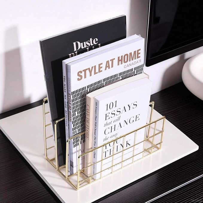 Metal File Organizer, 3 Vertical Sections, Desktop Paper/Mail/Letter/Record Holder, File Folder Holder Stand Rack Sorter for Office Desk Organization and accessories & supplies (Gold)