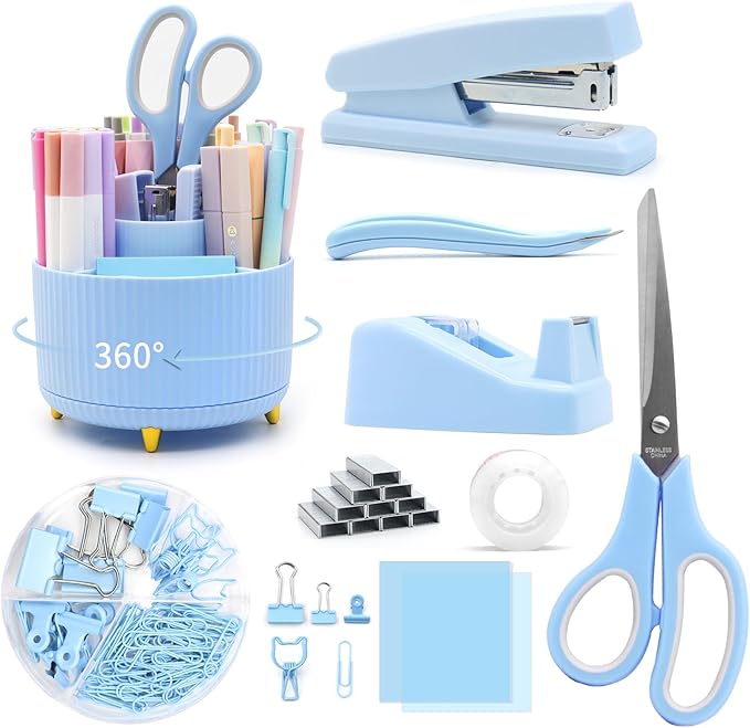 Blue Desk Accessories, Rotating Pen Holder Set,Blue Office Supplies with Stapler and Tape Dispenser Set, Gifts for Office Clerks,Student