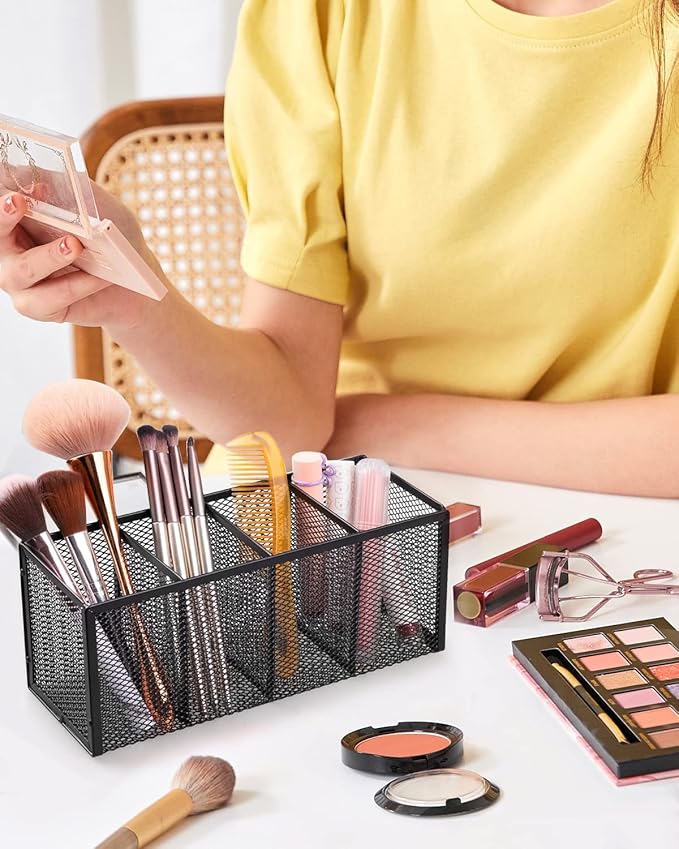 QYH Pencil Holder 4 Compartments,Metal Mesh Pen Storage Pencil Cup Makeup Brush Holder for Office Desk Accessories