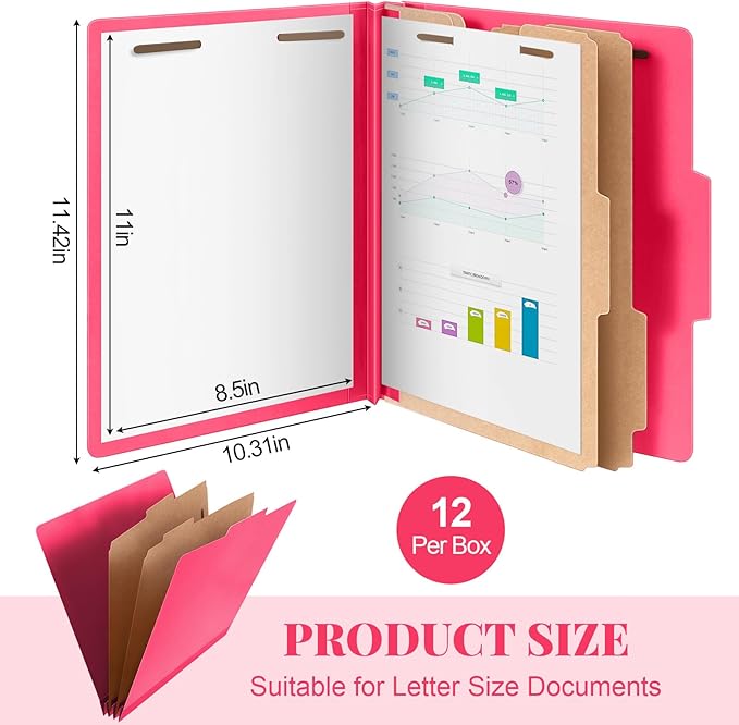 12 Pcs Classification Folders Letter Size Bulk - 2 Dividers Pressboard File Folder with 3. 5 Inch Expansion, 2 Prongs Fastener, Heavy Duty Office File Organizer for Teacher Medical (Hot Pink)