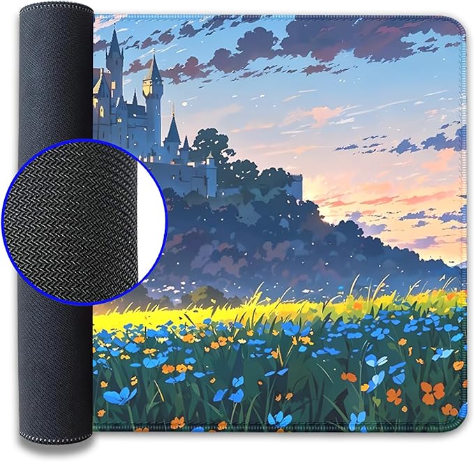 Cartoon Cute Fantasy Castle Sky Flowers Children Extended Desk Pad Mouse Pad,Stitched Edges Non-Slip Rubber Base XL Mouse Mat Desk Mat for Office Home Work Mousepad(27.5X11.8 Inch)