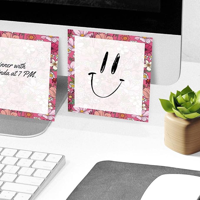 Sticky Notes, 2 Pads, 3x3 inches, Cute Colorful Fun Self-Stick Note Pads, Easy Post, Strong Adhesive Notepad Hot Pink Floral