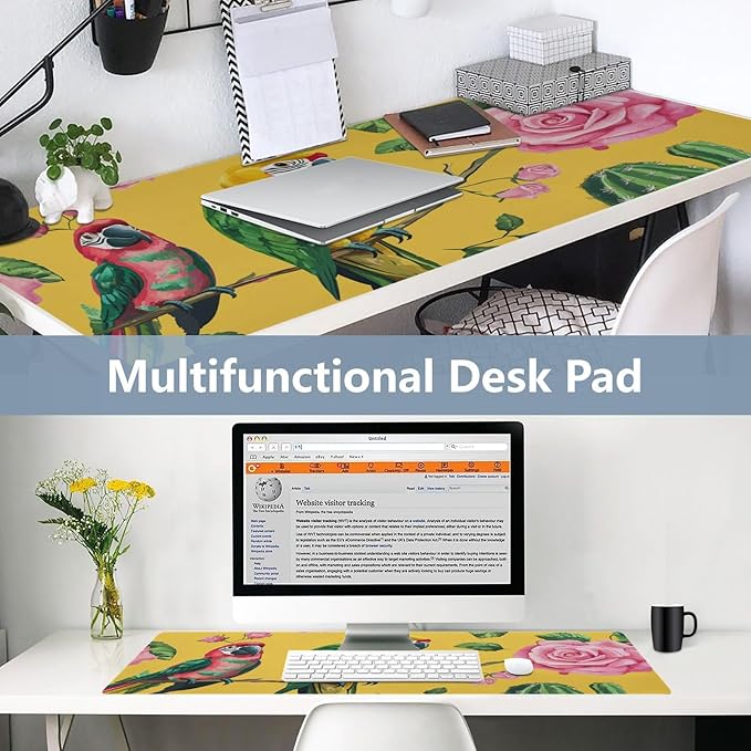 Mouse Pad Desk Mat Leather Desk Pad Large Gaming Desk Cover Protector Mat for Keyboard Computer Laptop Office Waterproof 47.2 x 23.6 Inch Yellow Cactus Parrots and Roses