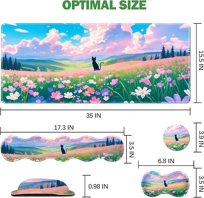 ARTSO Keyboard Wrist Rest Large Mouse Pad Wrist Support, 4 in 1 Memory Foam Keyboard Pad Desk Mat Set, Ergonomic Wrist Rest Cushion for Home Office Gaming-Cat and Flower Sea