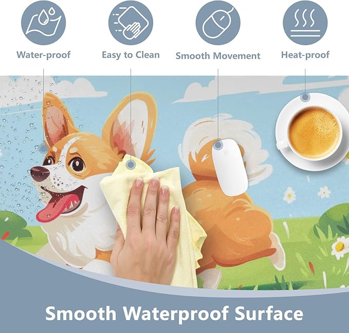 Mouse Pad Desk Mat Leather Desk Pad Large Gaming Desk Cover Protector Mat for Keyboard Computer Laptop Office Waterproof 47.2 x 23.6 Inch Cute Corgi Dog Floral