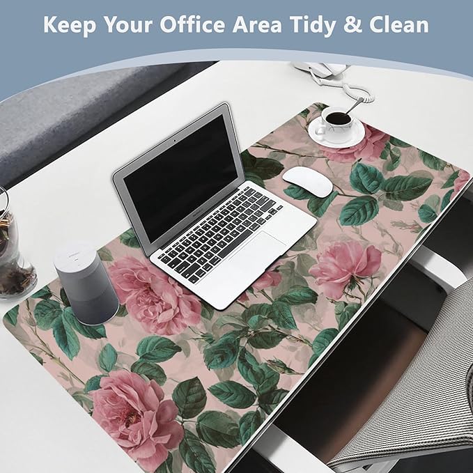 Mouse Pad Desk Mat Leather Desk Pad Large Gaming Desk Cover Protector Mat for Keyboard Computer Laptop Office Waterproof 35.4 x 16.5 Inch Pink Vintage Roses with Leaves