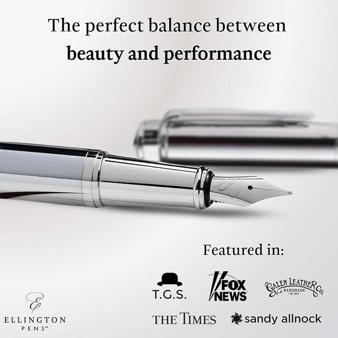 Ellington Pens Luxury Fountain Pen Set - Smooth Medium Nib- Includes 3 Ink Cartridges, Refillable Ink Converter, Gift Box- Fountain Pens For Writing, Calligraphy, Journaling, Sketching (Silver Sonata)
