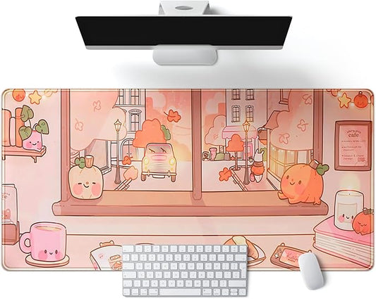 Cute Anime Desk Mat Large Kawaii Mouse Pad Coffee Shop Gaming Mousepad XXL Extended Autumn Pumpkin Themed Desk Pad Computer Laptop Keyboard Mouse Mat Desk Decor 31.5x15.7 in
