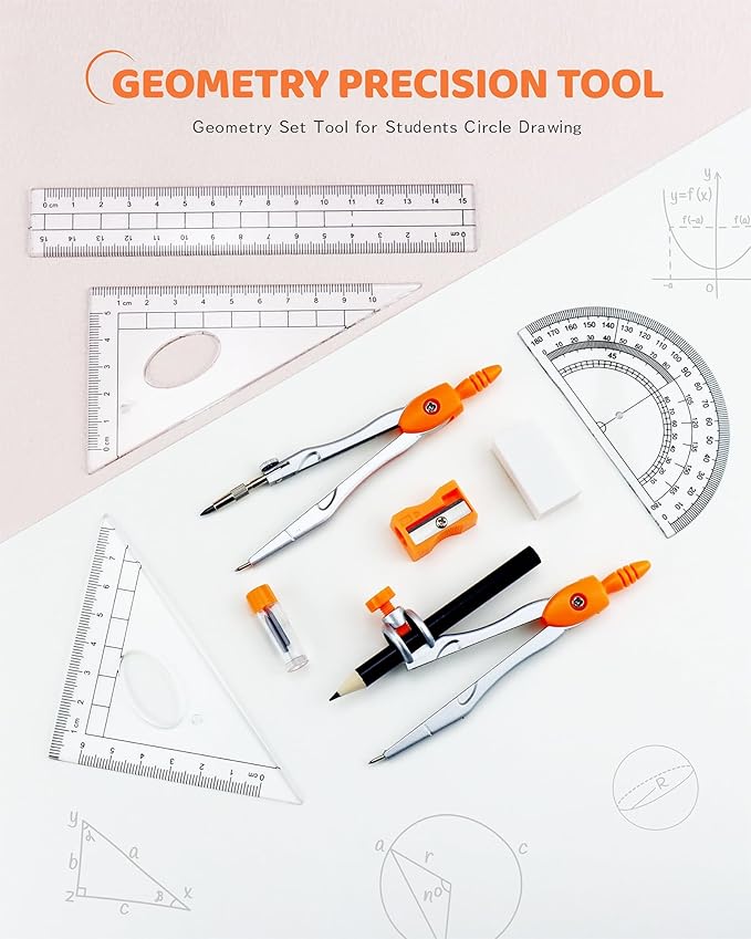 Math Geometry Kit Sets 10 Piece Student Supplies with Shatterproof Storage Box, Includes Rulers, Protractor, Compass, Eraser, Pencil Sharpener, Lead Refills, for Drafting Drawings（Orange）