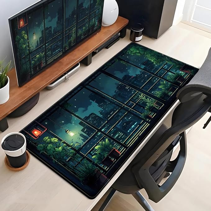 Extended Army Blue Desk Mat Window Plant Bonsai Green Animes Pad Large Mousepad Gaming XL Computer Mat Office Decor for Women Large Desktop Mat Laptop Keyboard Mousepad for Desk 31.5x15.8in