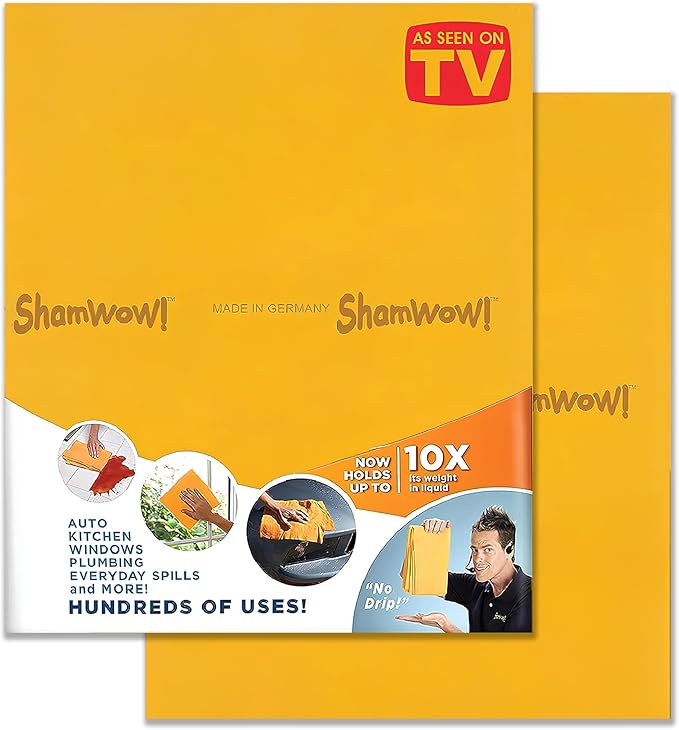 ShamWow Original Super Absorbent Multi-Purpose Cleaning Shammy Chamois Towel Cloth - Holds 10X its Weight in Liquid - Machine Washable - Will Not Scratch (2 Pack, Orange)