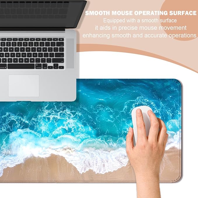 Ocean Beach Gaming Mouse Pad, Extended Large Sea Wave Desk Mat, Computer Keyboard Laptop Mousepad for Work, Office and Home, XL, Blue