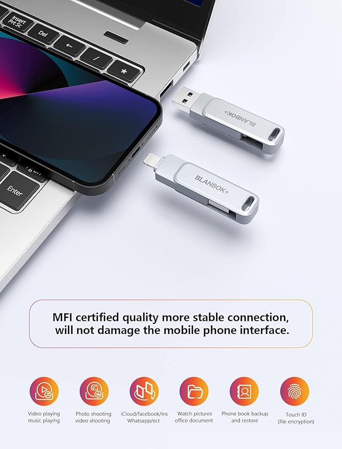 MFi Certified Flash Drive 256GB for iPhone USB Memory Stick Thumb Drives High Speed USB Stick,Photo Stick External Storage for iPhone/iPad/Android/PC