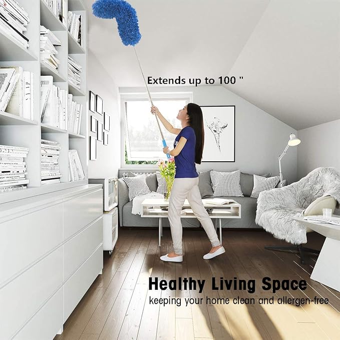 HEOATH Microfiber Feather Duster with Extendable Pole, 100 inches Extra Long Cobweb Duster for Cleaning, Bendable Head, Non-Scratch, Washable Duster for Ceiling, Fan, Furniture Blue