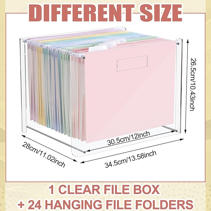 24 Hanging File Folder with Acrylic Organizer for Letter/a4 Size Desktop Clear File Storage Box with Handles for Home Work Office Use(Macaroon,Classic)