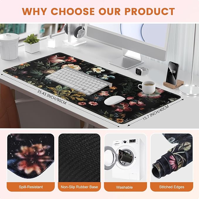 HAOCOO Vintage Aesthetic Floral Plant Desk Mat, Desk Matt for Desktop, Large Mouse Pad Drom Decor, Keyboard Mats for Desk, Computer Desk Cover Mat for Office, Home and School Accessories