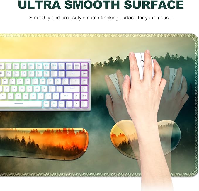Keyboard Mouse Pad Set, Extended Gaming Mouse Pad +Keyboard Wrist Support +Mouse Wrist Rest +Coaster, 35.4x15.7 in XXL Large Ergonomic Desk Mat 4in1 Set for Home Office, Sunset Misty Forest