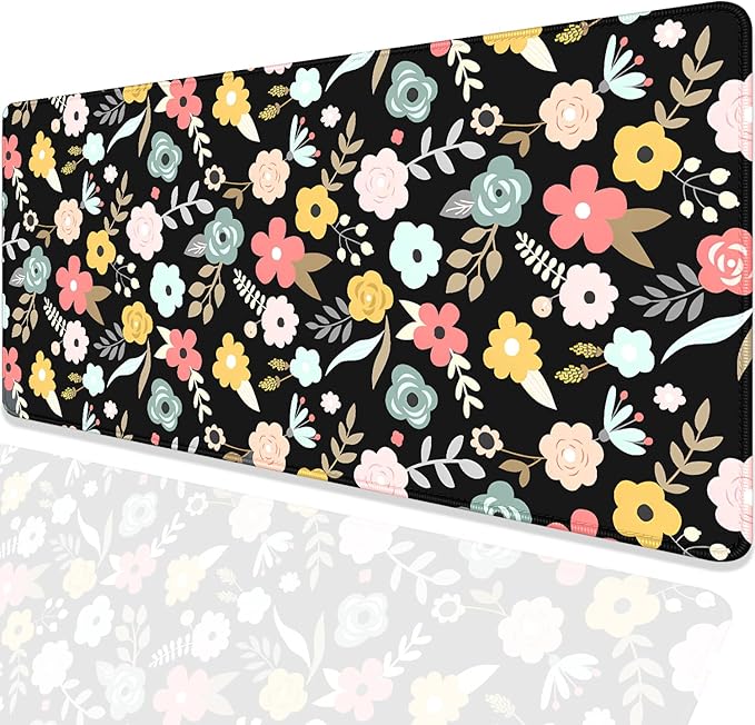 Black Cartoon Flowers Desk Pad Mouse Pad,Floral Prints Extended Large Gaming Mouse Mat with Stitched Edges,Non-Slip Waterproof Rubber Base Mousepad for Office Work Home Desk Mat(27.5X11.8 in)