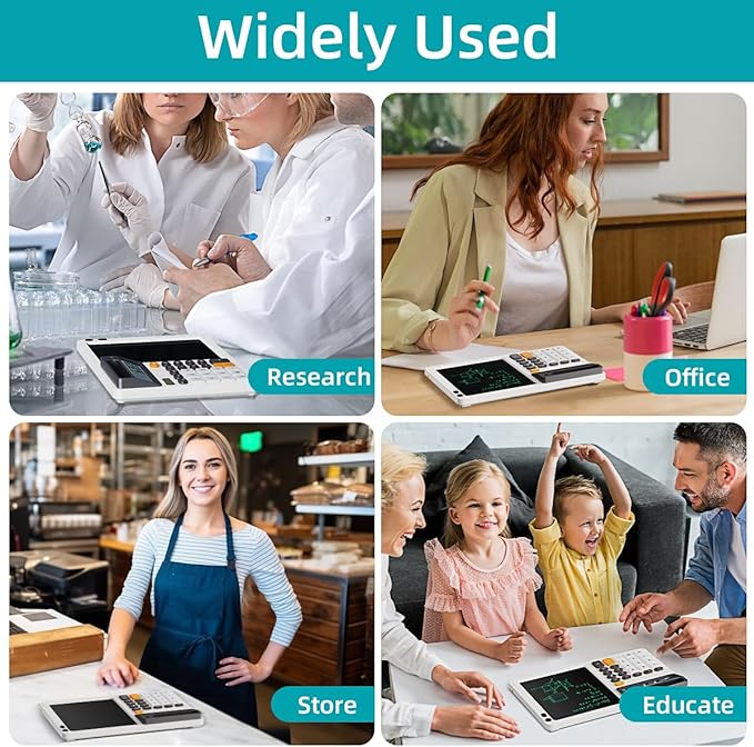 Solar Calculator with 7.5 inc LCD Writing Membrane, 15° Tilt for Easy Reading, Integrated Phone Stand, Voice & Silent Modes, Anti-Slip Pads for Stability, Ideal for Office & Study Use (White)