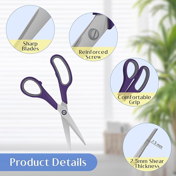 3 Pack All Purpose Scissors, 8.3" Stainless Steel Scissor With Ergonomic Soft-Grip Handles, Sharp Scissors Set for Office, School, Kitchen, Crafts, Sewing, Right/Left Hand(Green+Orange+Purple)