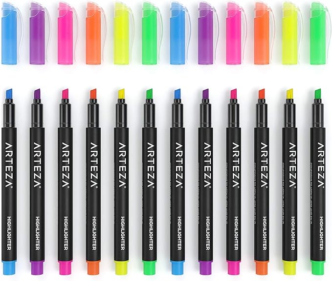 ARTEZA Highlighters Assorted Colors, Set of 60, Narrow Chisel Tip