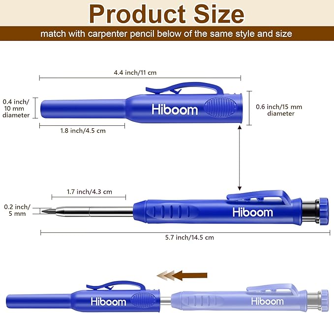 Hiboom 2 Pack Solid Carpenter Pencils with Pencil Cap and 18 Refills, Long Nose Deep Hole Mechanical Pencil Marker, Scribe Tool with Built-in Sharpener for Construction Woodworking Architect (Blue)