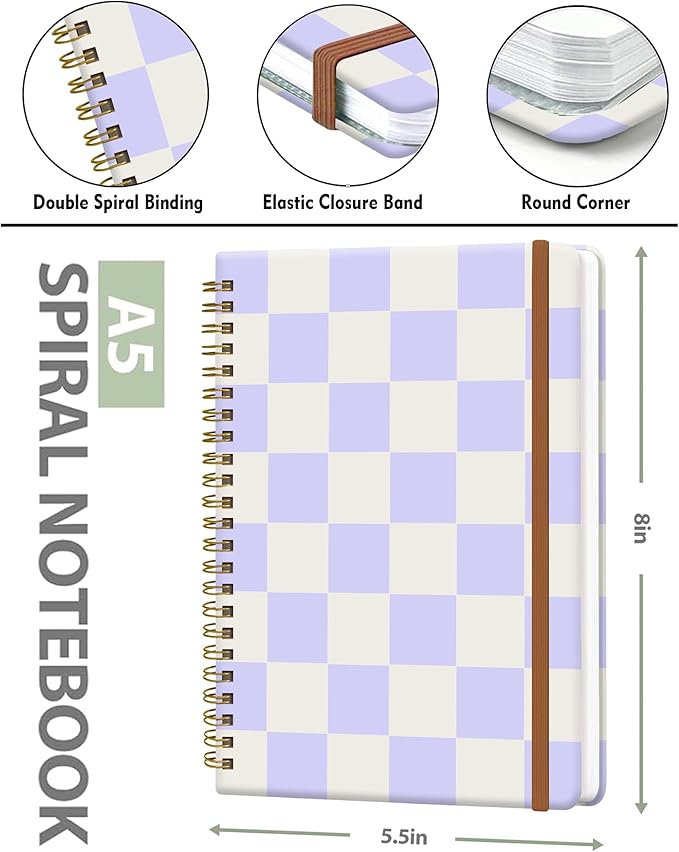 Spiral Journal Notebook for Women, Hardcover A5 College Ruled Notebook, 60 Sheet, Thick Paper, Cute Lined Journal for School, Office & Work, 6 x 8.4 in(Pastel Purple Checkered)