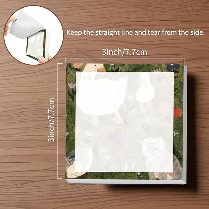 Sticky Notes, 2 Pads, 3x3 inches, Cute Colorful Fun Self-Stick Note Pads, Easy Post, Strong Adhesive Notepad Green Duck and Cat Scene