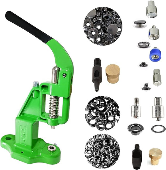 Hobby Trendy Hand Press with Rust Free Steel 50 Sets Ln24 15mm Fashion Spring Glove Snaps and 50 Sets Brass 8 mm (Nr5) Eyelets, Matching Dies and Hole Punches (Black Supplies, Green Press)