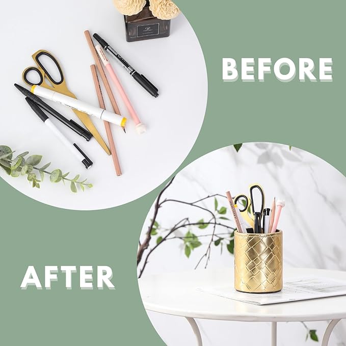 Pencil Cup, PU Leather Pen Desktop Organizer for Cosmetics Office Supplies, Makeup Brushes Organizer Gold Grid PH111