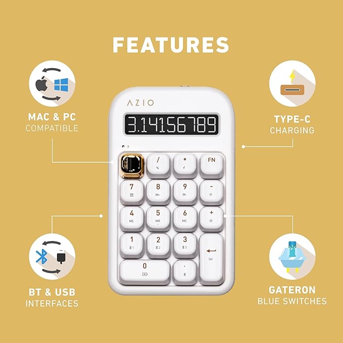 AZIO IZO Wireless Mechanical Calculator & Number Pad (White/Gold) - Bluetooth 5.0 & USB, Gateron-Blue Mechanical Switch, 9 Backlight Modes, Rechargeable, PC & Mac Compatible, White Blossom (IN103)
