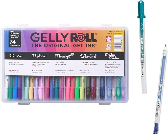 SAKURA Gelly Roll Gel Pens - Gift Set - Ink Pen Set - Art DIY Projects - Assorted Point Sizes with Storage Case - Assorted Colored Ink with Special Effects - 74 Pack