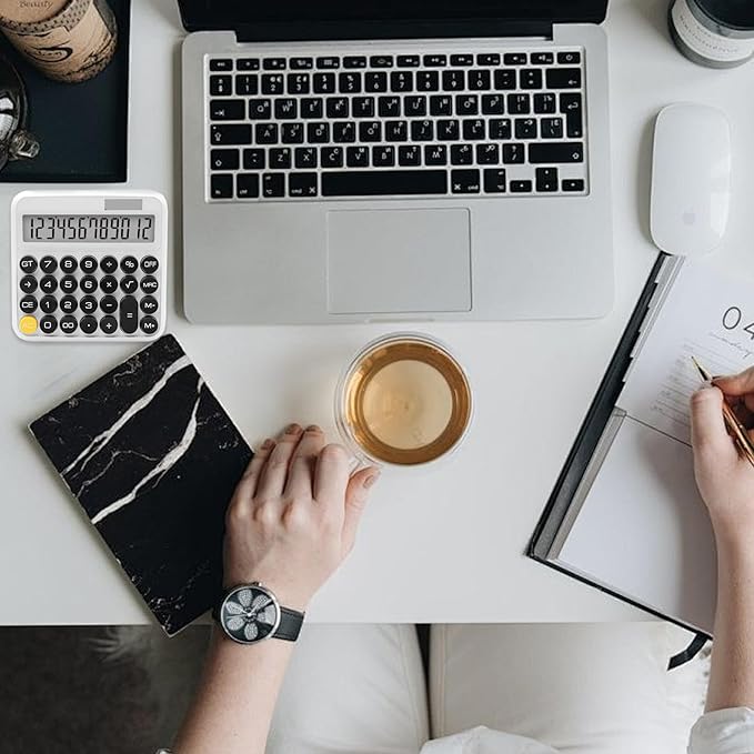 Black White Calculator, Big Button Calculator with Large LCD Display, White Office Desk Accessory for Offices, Schools, Homes and Businesses