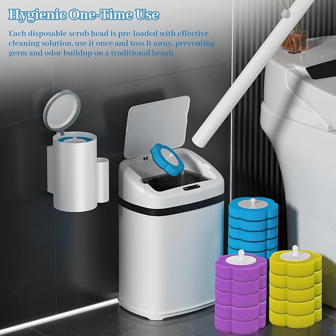 Dexmary Disposable Toilet Brush Set with Holder, Angled Cleaning Wand with 24 Refill Heads, Wall-Mounted Hygienic Toilet Cleaner (Ocean, Lemon, Lavender Scents)