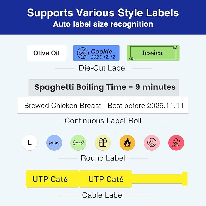 SUPVAN E11 Bluetooth Label Maker Machine with 4 Tapes, Support Keyboard & App with 40 Fonts and 450+ Icons, Rechargeable Inkless Labeler for Home, Kitchen, Office, School, Organization, Black