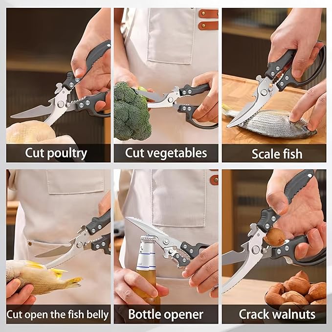 Kitchen Scissors Stainless Steel Shear, Safety Lock, Sharp Heavy Duty Poultry Shears for Food, Chicken Bones, Turkey, Dishwasher Safe, 9.33 Inch, Black
