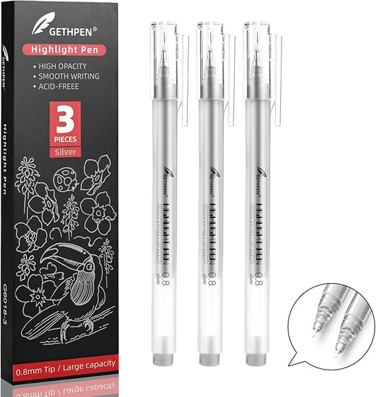 Silver Gel Pens, 0.8mm Fine Point Gel Ink Pen Set for Artists – Opaque Archival Ink for Black Paper Drawing, Card Making, Journaling Pack of 3