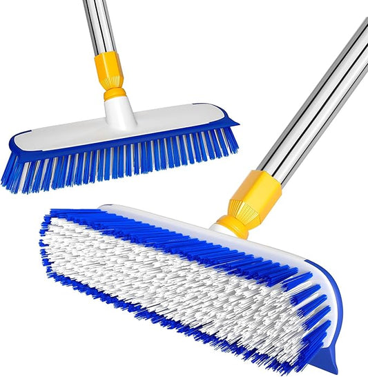 ITTAR 12" Wide Floor Scrub Brush with Long Handle, 2-in-1 Deck Cleaning Brush with 55" Extendable Pole, Heavy-Duty Tub Tile Scrubber Cleaner Brush for Shower Floor, Kitchen, Patio, Garage, Restaurant