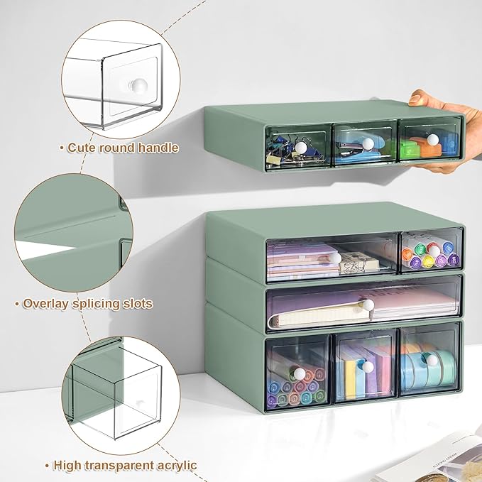 Desk Organizer with 9 Drawers, 4 Tier Plastic Stackable Storage Drawers for Desk Storage, Office Stationary Makeup Organizer Suit for Home, Office and School