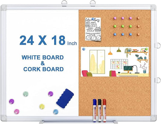 Magnetic White Board and Cork Board Combo, 24 X 18 inches Whiteboard Bulletin Combination Board, Wall Mounted Dry Erase Message Board for Home, School and Office