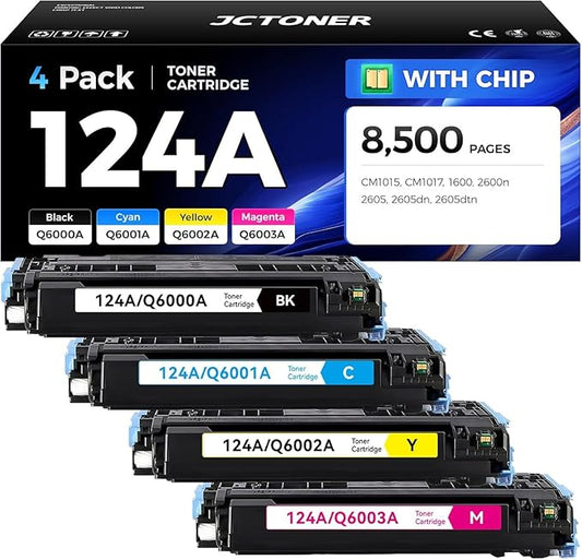 124A Toner Cartridge Set 4-Pack High Yield Replacement for 124A Q6000A Q6001A Q6002A Q6003A Compatible with Color Laserjet MFP CM1015 CM1017 1600 2600n 2605 2605dn 2605dtn Printer Ink Black Copy